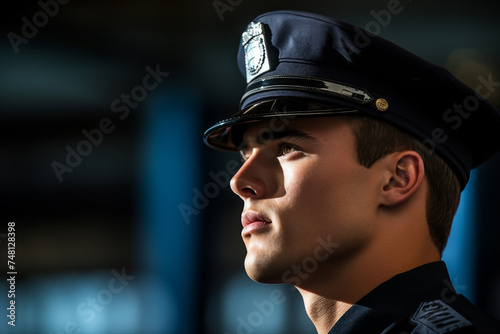 Portrait of proud police officer in uniform against dark light background generative ai