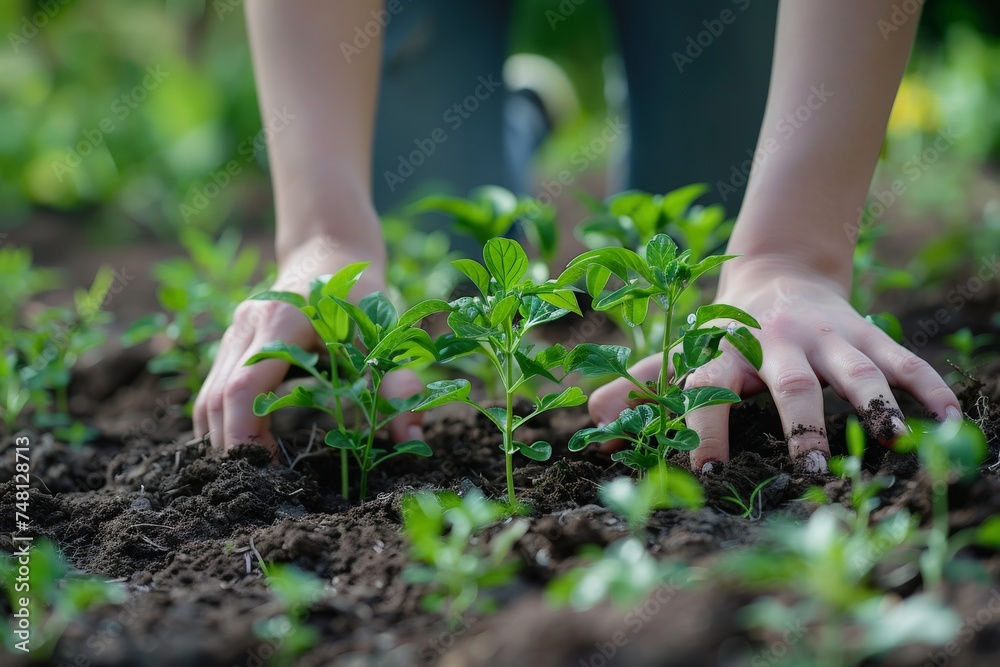 Close-up of hands nurturing young plants in fertile soil, representing growth, care, and environmental stewardship Close-up of hands nurturing young plants in fertile soil, representing growth, care, and environmental stewardship