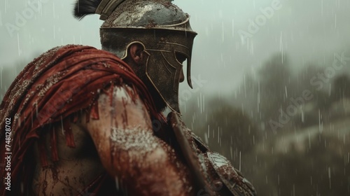 A Spartan Hoplite mourns the loss of a fallen comrade carrying his body back from the battlefield with a heavy heart. He knows that the fallen warrior will be remembered forever photo