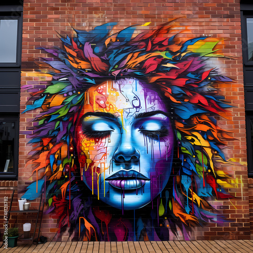 Vibrant street art on a brick wall.