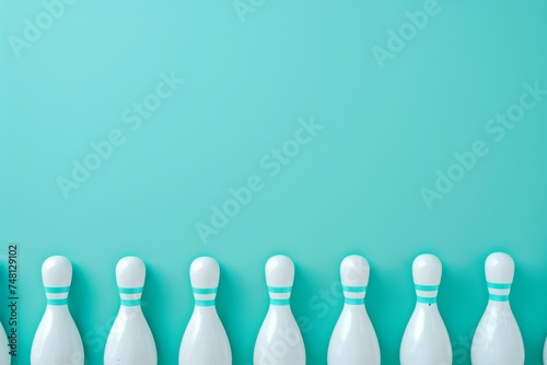 Simple photo of bowling pins on blue background with empty area Overhead view of white pins with space for text