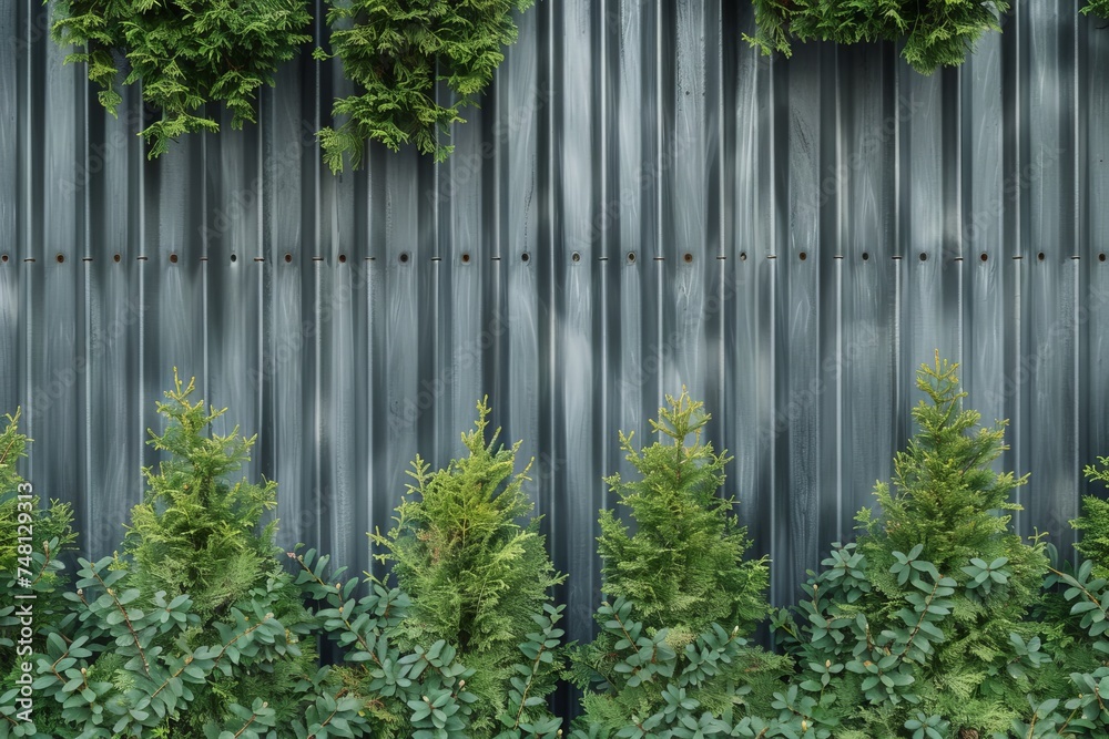 Texture of metal profiled fence with beautiful thuja occidentalis in urban landscaping background Texture of metal profiled fence with beautiful thuja occidentalis in urban landscaping background