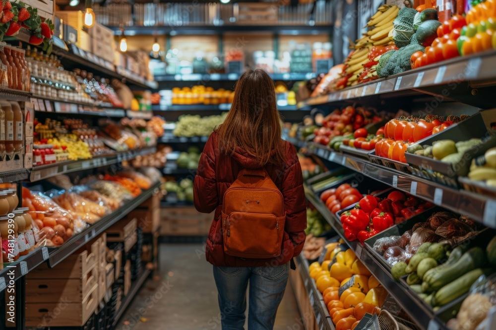 A shopper with a backpack browsing neatly arranged fresh produce aisles at a local grocery store
