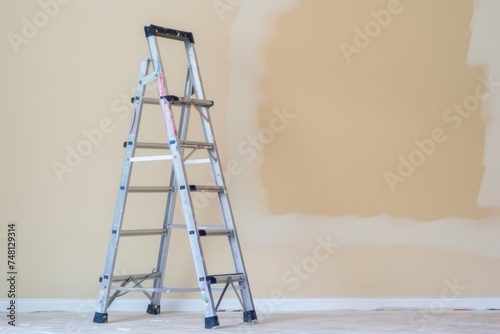 Text space indoors with metallic ladder and painting tools near beige wall