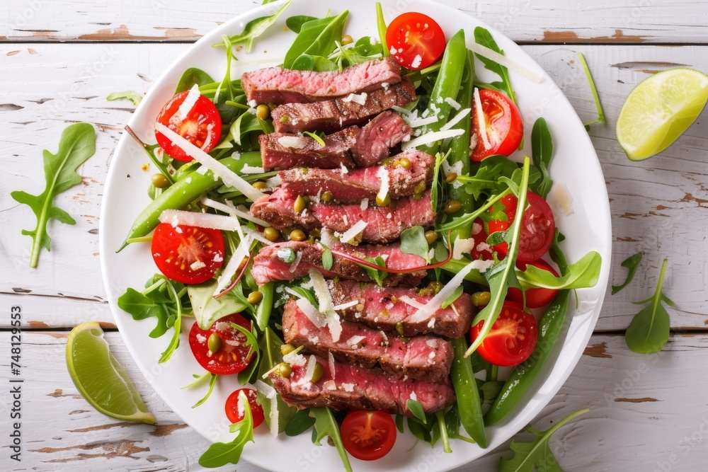 Top view of a plate with beef steak salad arugula cherry tomatoes green beans parmesan cheese lime wedges on a white table