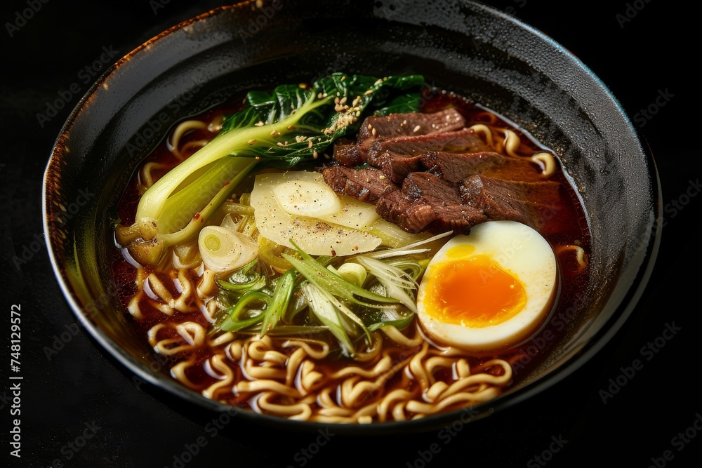 Top view of Asian beef ramen soup with egg pak choi on black background Top view of Asian beef ramen soup with egg pak choi on black background