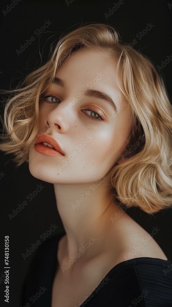 beautiful model with a blond hair in style of a bob and sombre color beautiful model with a blond hair in style of a bob and sombre color