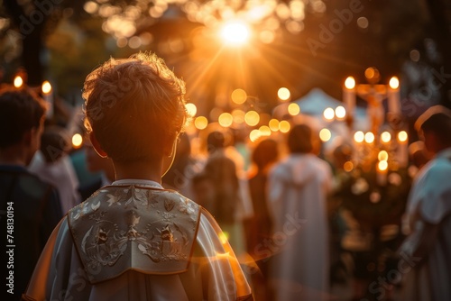 A solemn child dressed in religious attire participating in an outdoor spiritual ceremony at sunset photo