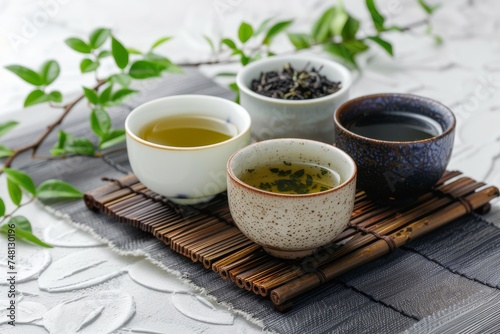 White and brown tea cups with green herbal and black tea in a horizontal image