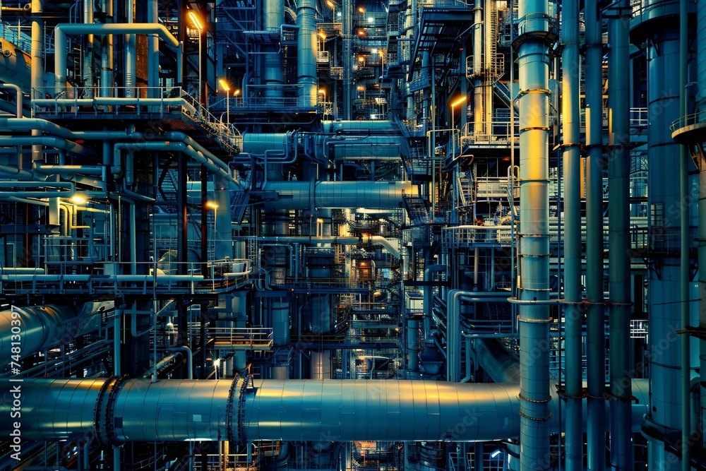 The intricate maze of pipes and towers in an oil and gas refinery an engineering marvel