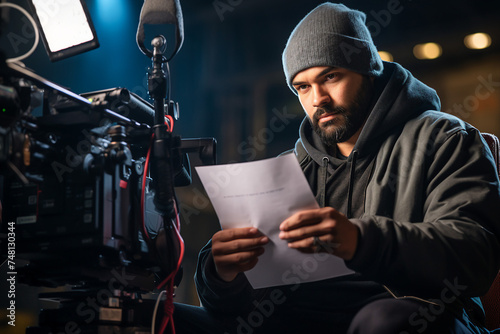 Digital generative ai image collage of guy actor reading screenplay before shooting film