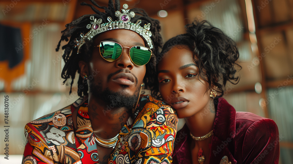 Black man and woman in luxurious attire with crowns.