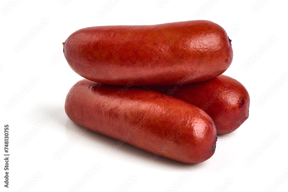 Smoked pork sausages, isolated on white background Smoked pork sausages, isolated on white background