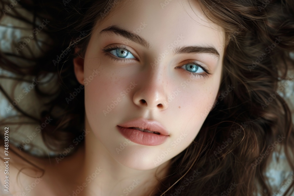 Youthful woman with gorgeous skin and brunette hair taking good care of her appearance Youthful woman with gorgeous skin and brunette hair taking good care of her appearance