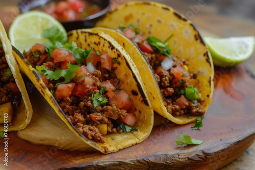 Yummy Mexican taco shells filled with ground beef and homemade salsa