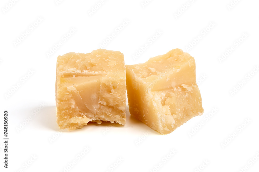 Parmesan cheese chunks, hard cheese, isolated on white background Parmesan cheese chunks, hard cheese, isolated on white background