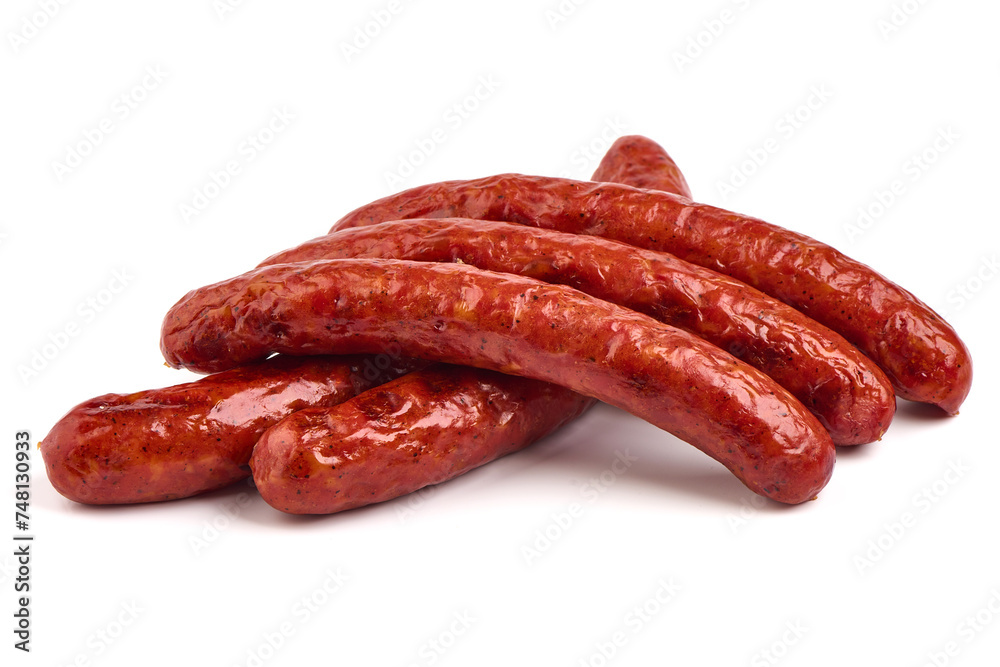 Barbecued sausages, fried sausages bbq, isolated on white background Barbecued sausages, fried sausages bbq, isolated on white background