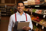 Smiling person working in supermarket grocery store department Generative Ai picture