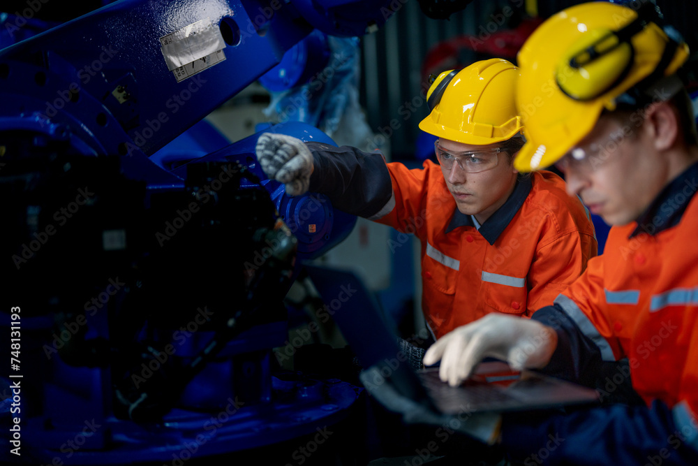 Business engineers meet and check control heavy machine robot arm. Diverse Team of Industrial Robotics Engineers Gathered Around machine. Professional Machinery Operator Use Industrial Digital Tablet. Business engineers meet and check control heavy machine robot arm. Diverse Team of Industrial Robotics Engineers Gathered Around machine. Professional Machinery Operator Use Industrial Digital Tablet.