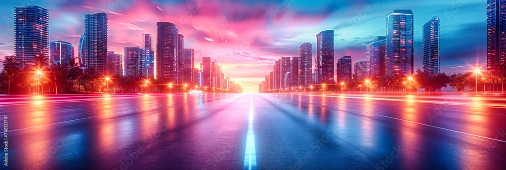 Sunset Highway in Urban Landscape, Fast Motion and Light Trails City Background