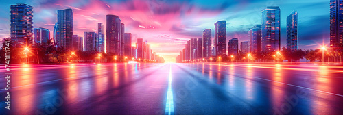 Sunset Highway in Urban Landscape, Fast Motion and Light Trails City Background