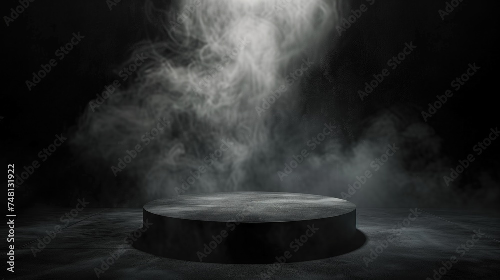 Podium or pedestal with smoke in the dark concrete floor grunge texture background, Gray textured concrete platform, light, fog, asphalt, copy space, generative ai