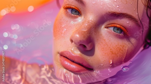 Close-up photo of beautiful female model with orange and pink lights. Beauty concept.
