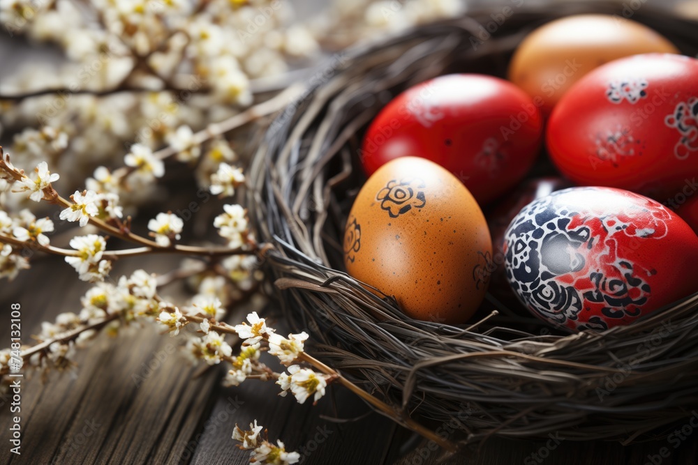 Basket with painted Easter eggs and willow branches on light wooden background Basket with painted Easter eggs and willow branches on light wooden background