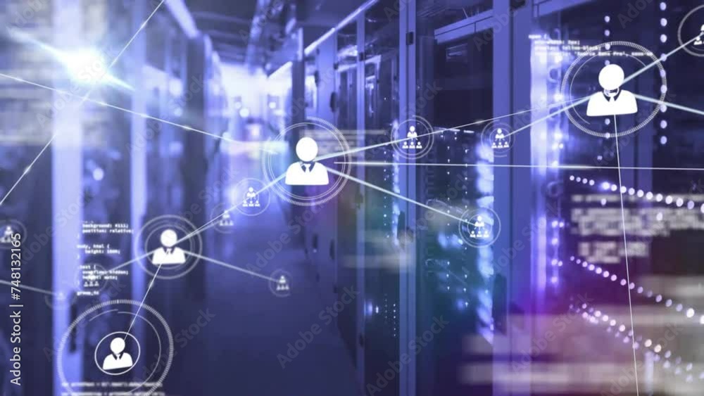 Animation of network of connections with icons and data processing over computer servers Animation of network of connections with icons and data processing over computer servers