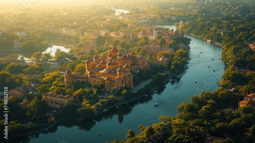 Aerial photo of the urban area by the river.