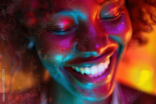Joyful Curly-Haired Woman Bathed in Rainbow Lights. A joyful woman with curly hair laughing, with vibrant rainbow light patterns on her skin.