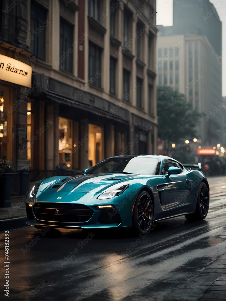 Elegant modern art with sport car on night street Elegant modern art with sport car on night street