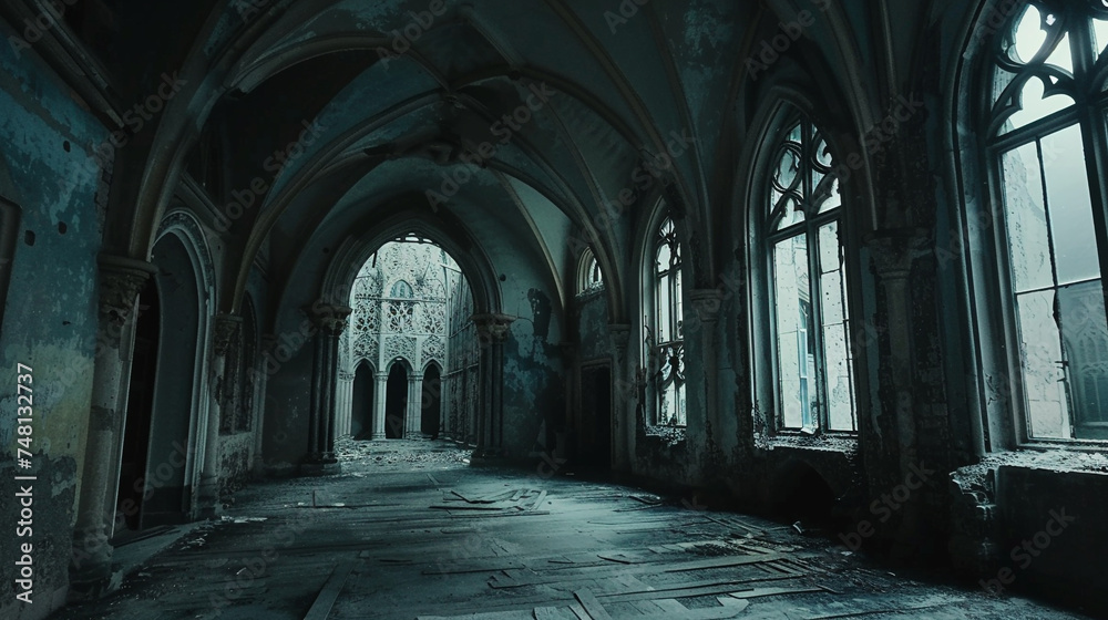 Mystic empty gothic hallway with ornate stained glass windows in an old castle