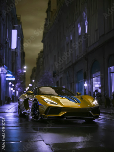 Elegant modern art with sport car on night street