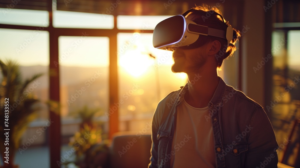 Smile happy man playing game in virtual reality glasses getting experience using VR headset glasses of virtual reality at home, generative ai - obrazy, fototapety, plakaty 