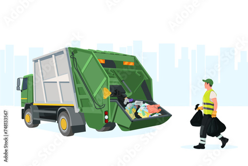 Garbage transport vehicle, garbage collector collecting garbage.