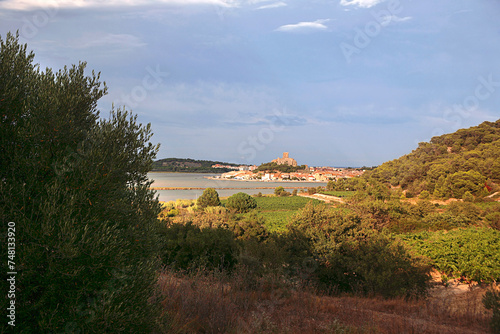 Distant view of Gruissan village, Tour de Barbarousse (Redbeard's Tower) and l'Étang de Gruissan from l'Île Saint Martin, on the Mediterranean coast of Southern France photo