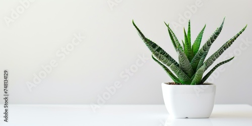 Minimalist indoor plant  aloe vera in white pot against neutral background.