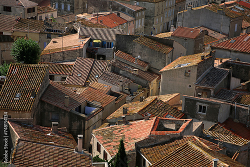 Jumble of roofs, seen from above from the Tour Barberousse (Redbeard's Tower), Gruissan village, Aude, Occitanie, France photo