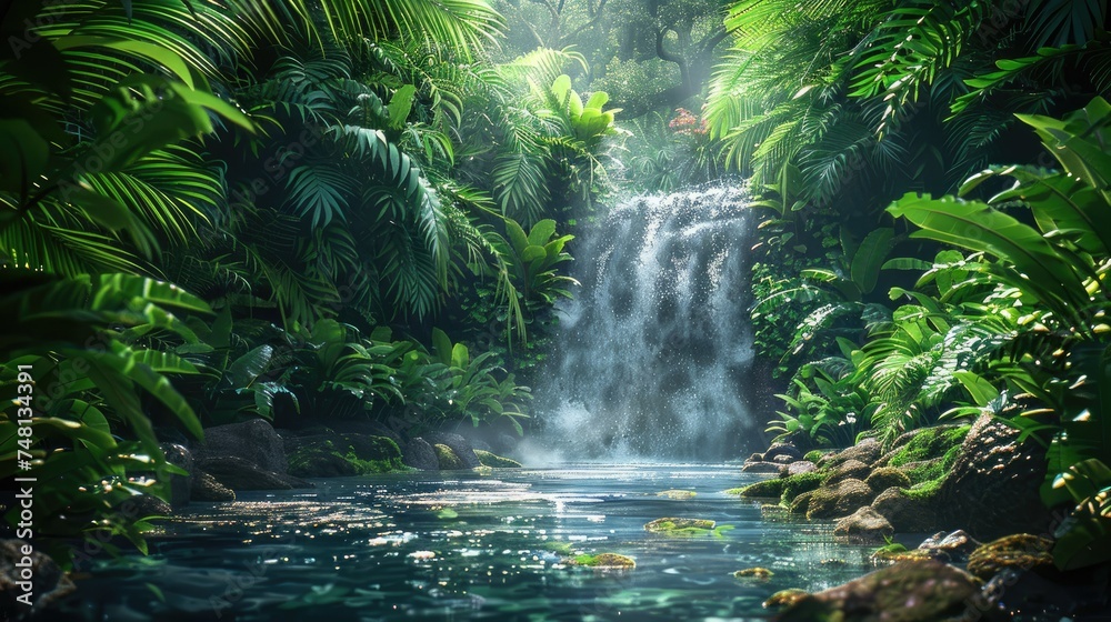 Tropical waterfall oasis with lush greenery and sunlight filtering through foliage. Tropical waterfall oasis with lush greenery and sunlight filtering through foliage.