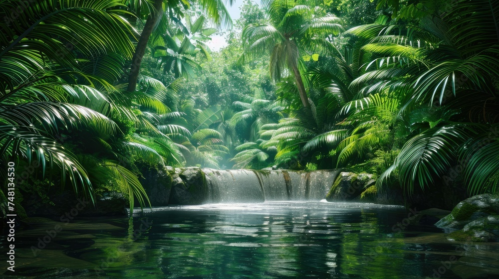 Tropical paradise with lush greenery and serene waterfall, perfect for nature and travel themes. Tropical paradise with lush greenery and serene waterfall, perfect for nature and travel themes.