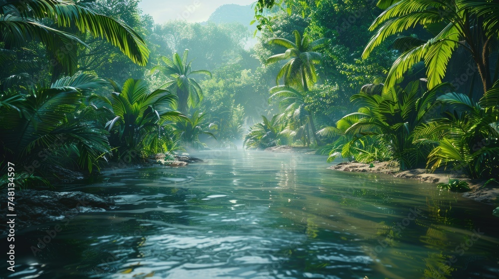 Tropical paradise with lush greenery and serene waterfall, perfect for nature and travel themes.