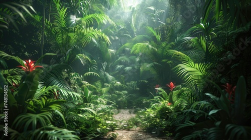Mystical jungle pathway with lush green foliage and red flowers  sunbeams piercing through the canopy.