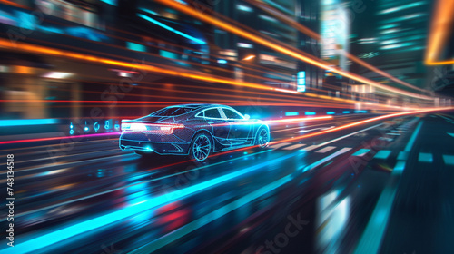 A 5G-enabled autonomous vehicle navigating through city streets, illustrating one of the many applications of faster data speeds, 5G networks rollout, blurred background, with copy