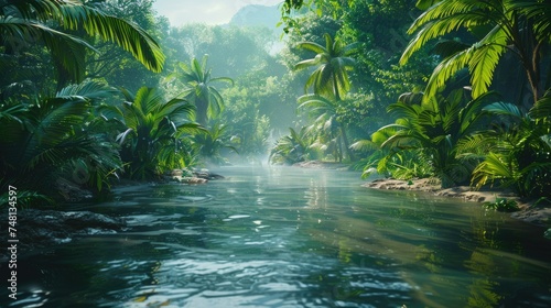 Tropical paradise with lush greenery and serene waterfall  perfect for nature and travel themes.