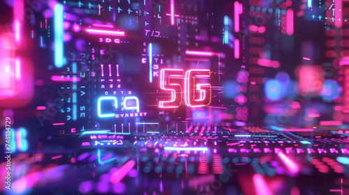 A vibrant display of neon 5G symbols on a tech-themed background, representing the energy and excitement surrounding the rollout, 5G networks rollout, blurred background, with copy