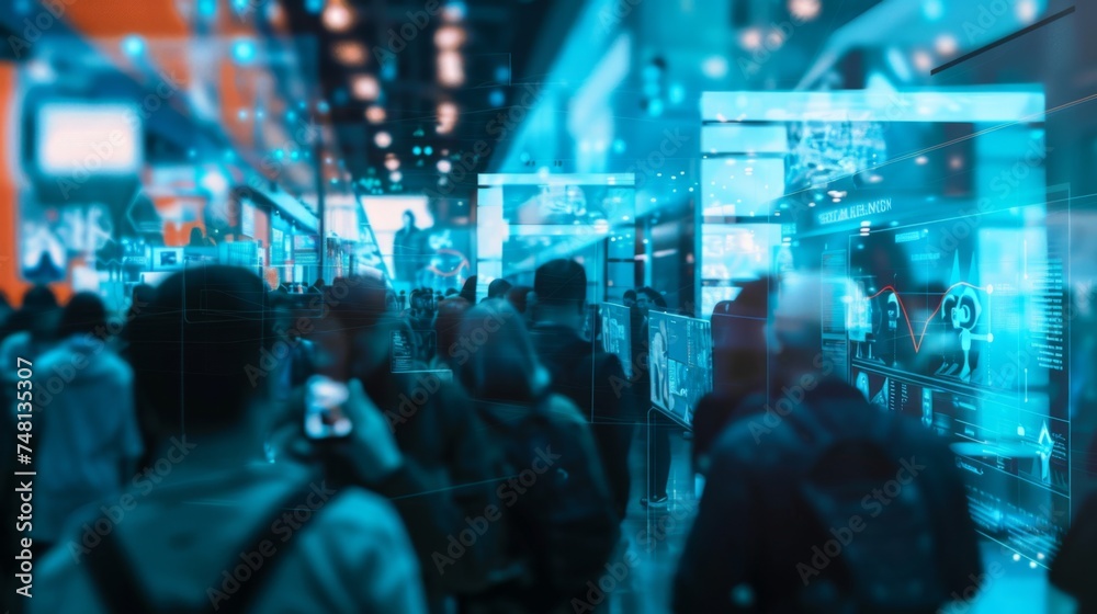 Blurred image of a diverse crowd at a technology expo with modern screens and futuristic lighting. - obrazy, fototapety, plakaty 