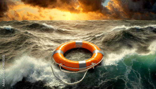 Closeup of an orange and white lifebuoy on the stormy sea with large waves, dramatic sky in the background, with dark storm clouds, at sunset or sunrise. Generative Ai.