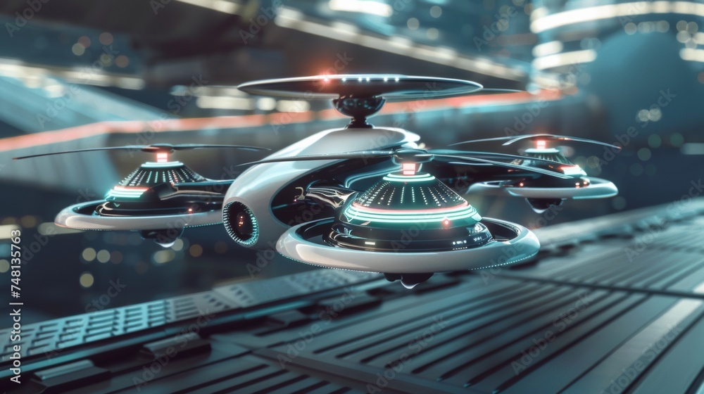 Futuristic drone flying over a neon-lit cityscape at dusk, technology and innovation concept