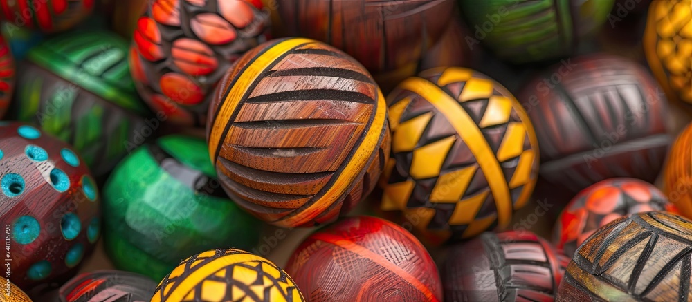 A detailed view of a cluster of painted eggs, showcasing the vibrant colors and intricate designs on each egg. Each egg is uniquely painted and placed closely together in the frame, highlighting the